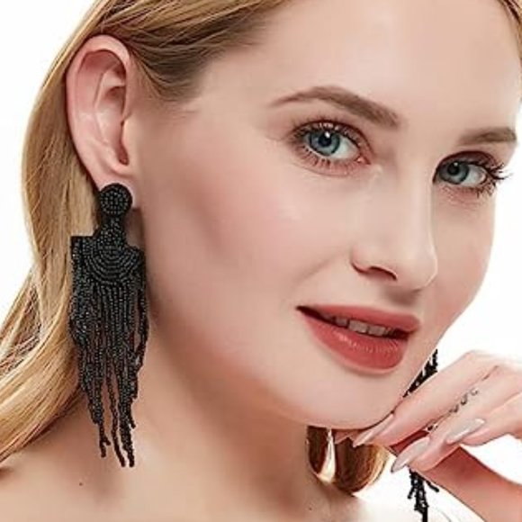 Long Black 4.25" Modern Art Deco Oversized Earrings Beaded Bohemian Tassel New - Picture 2 of 5